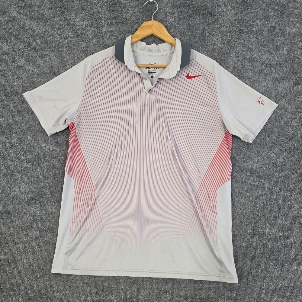 Nike Shirt Mens Large Polo Gray Red Tennis Performance RF Roger Federer Dri Fit